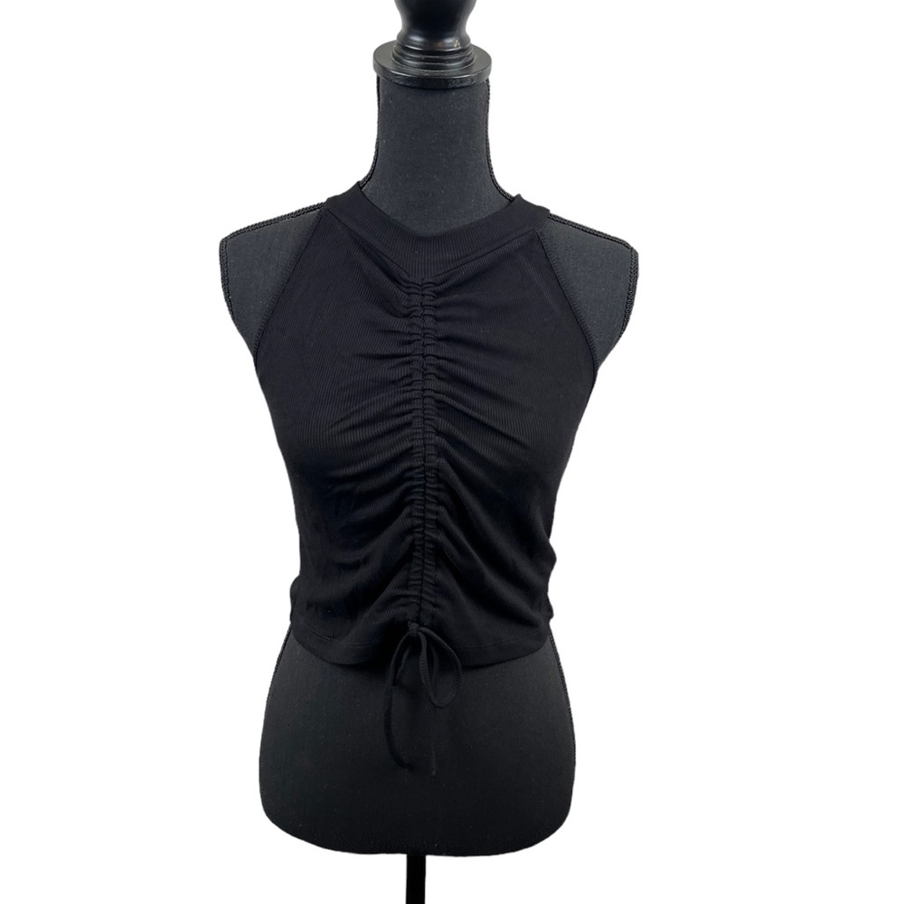 Happily Grey Women's Black Drawstring Ruched Ribbed Halter Top Sz Large NWT/NEW